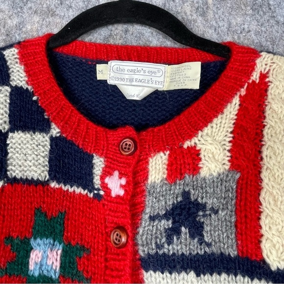 Vtg Eagles Eye Patriotic Americana Hand Knit Novelty Button Up Cardigan - Sz M - Picture 5 of 16